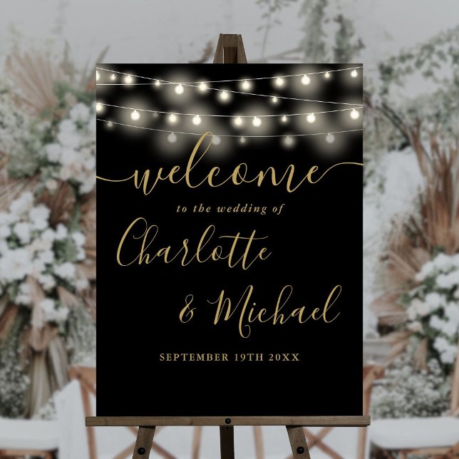 Black And Gold String Lights Wedding Welcome Sign (Black And Gold String Lights Wedding Welcome Sign)