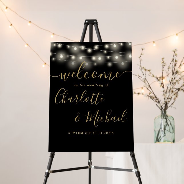 Black And Gold String Lights Wedding Welcome Sign (In Situ (Stand))