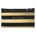 Black and Gold Stripe Personalized Cosmetic Bag at Zazzle