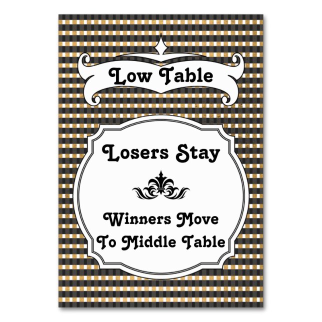 Black and Gold Stripe Plaid Bunco Table Card - Low (Front)