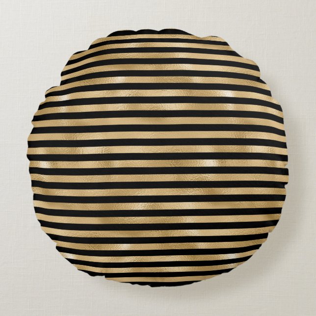 Black and Gold Striped Chic Modern Round Pillow (Front)