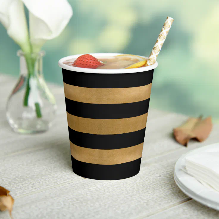 Black and Gold Striped Paper Cups | Zazzle