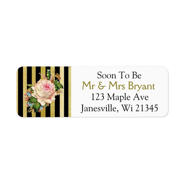 Black and Gold Striped Rose Return Address Label (Front)