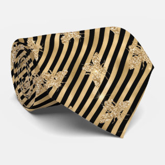 Black and Gold Striped with Gold Bees Neck Tie