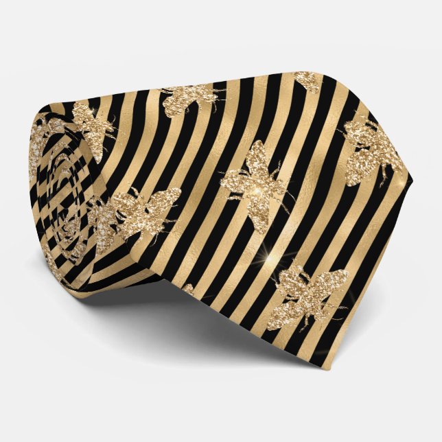 Black and Gold Striped with Gold Bees Neck Tie (Rolled)