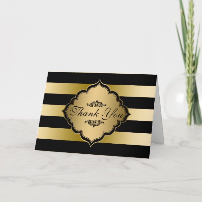 Black And Gold Stripes Black Swirls- Thank You Card (Front)