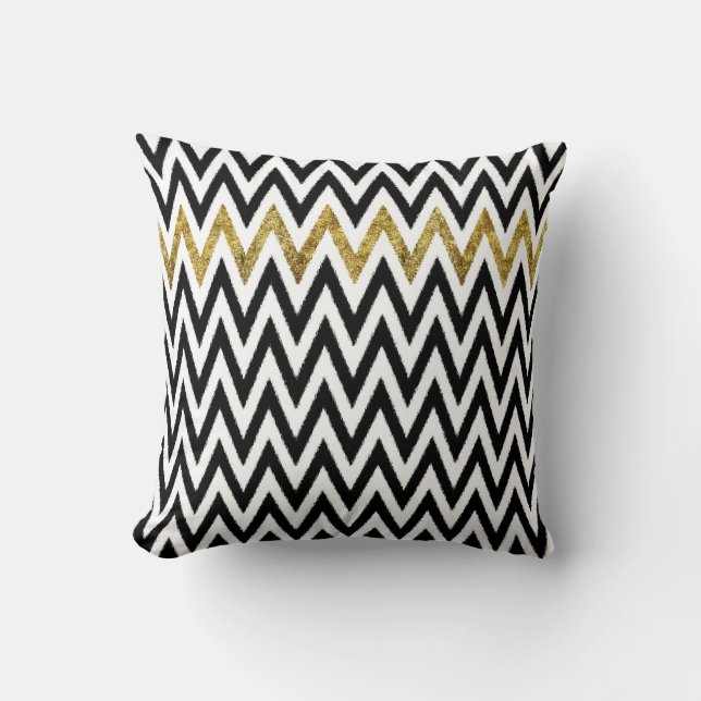Black and Gold Stripes Chevron Throw Pillow (Front)