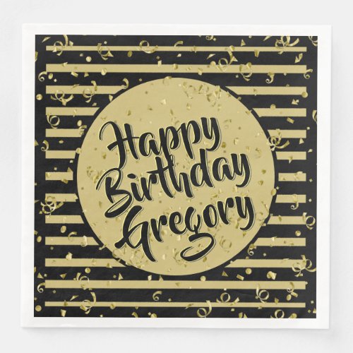 Black and Gold Stripes Happy Birthday Paper Dinner Napkins