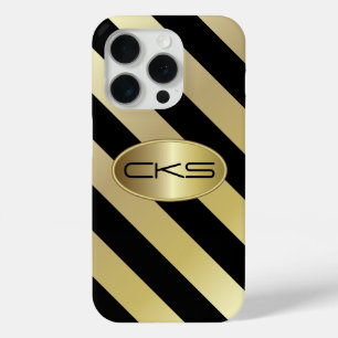 Black and Gold Stripes   Monogram  iPhone 15 Pro Case