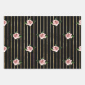 Floral Rose Gold Flowers and Leaves Drawing Black Wrapping Paper