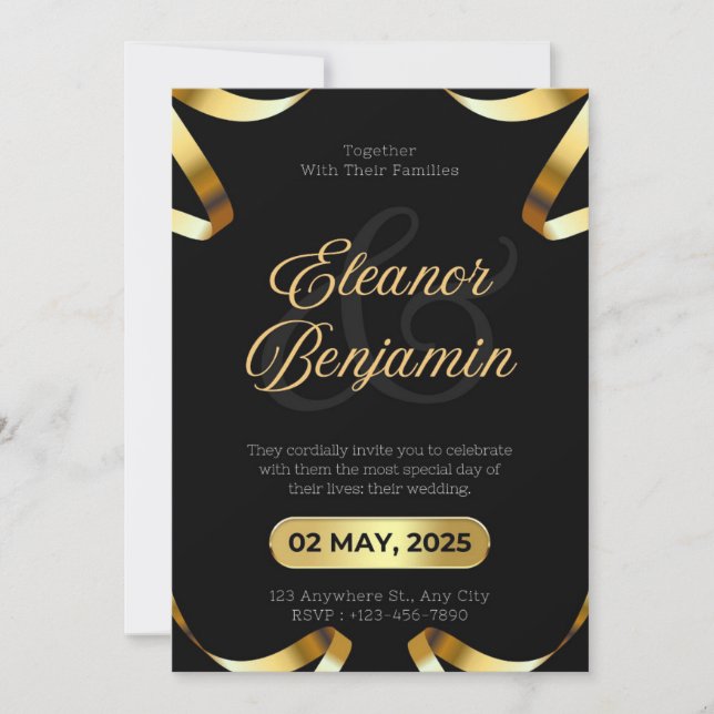 Black and Gold Stylish Wedding  Invitation (Front)