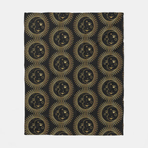 Black and Gold Sun & Moon Faces Fleece Blanket