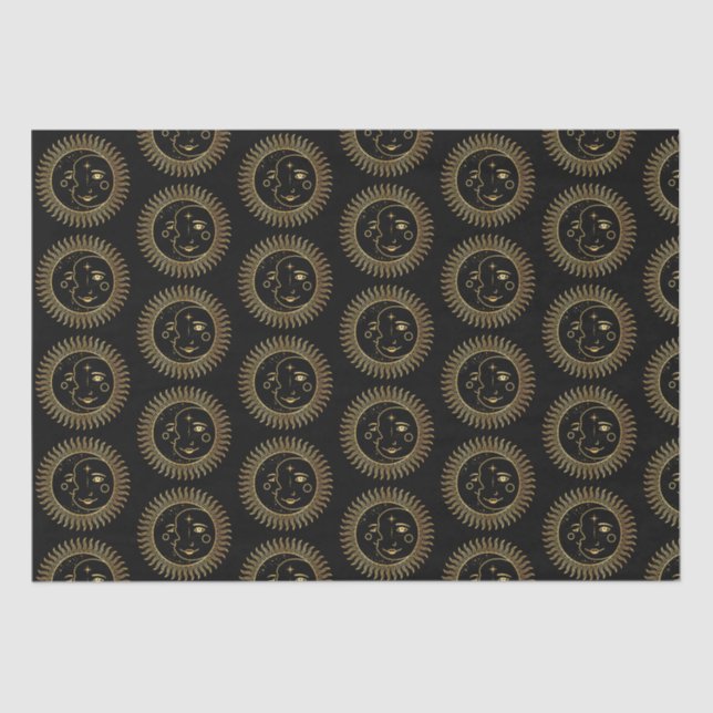 Black and Gold Sun & Moon Faces Tissue Paper (Front)