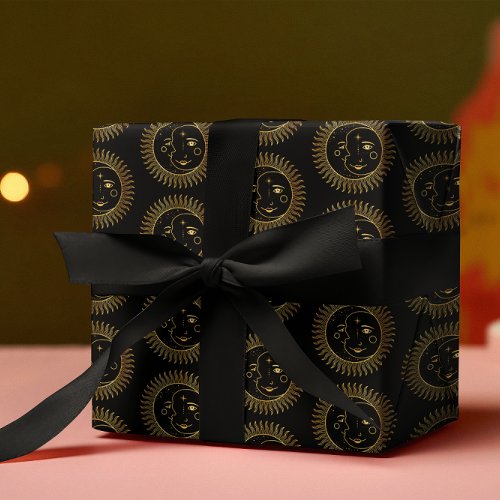 Black and Gold Sun  Moon Faces Wrapping Paper