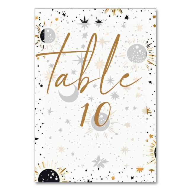 Black and Gold Sun Moon Stars Wedding Table Number (Front)