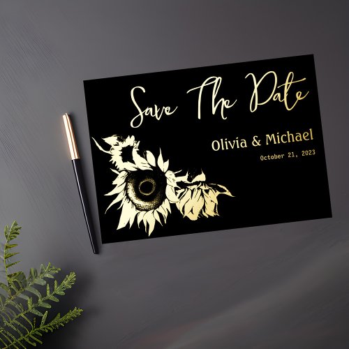 Black and Gold Sunflower Save the Date card