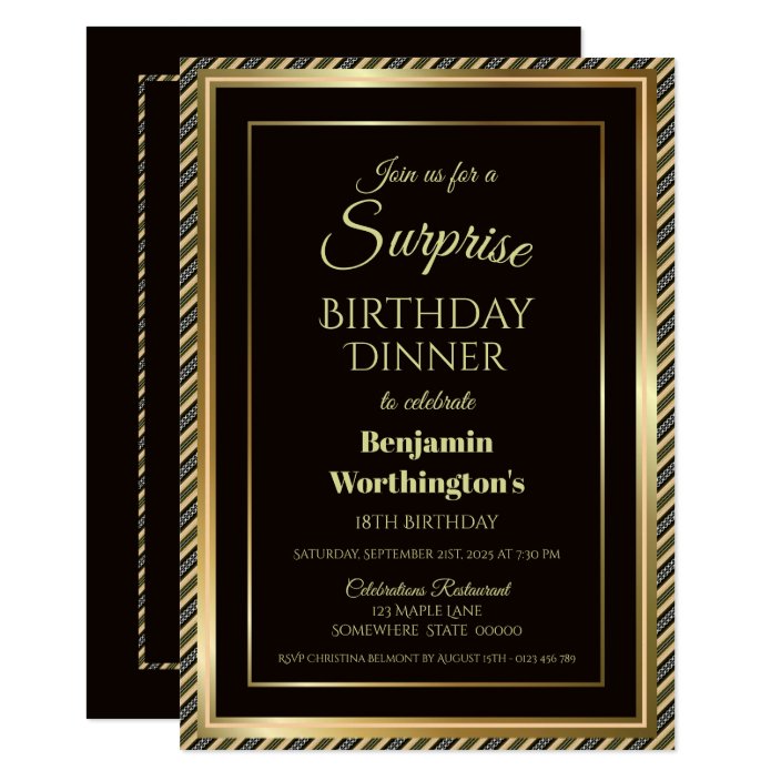 Black and Gold Surprise 18th Birthday Dinner Invitation | Zazzle.com