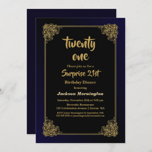 Black and Gold Surprise 21st Birthday Dinner Invitation