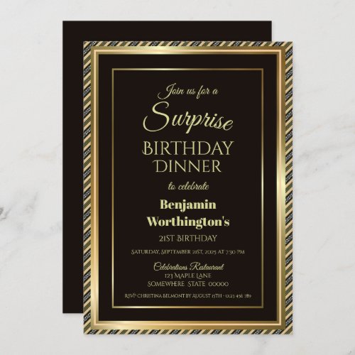 Black and Gold Surprise 21st Birthday Dinner Invitation