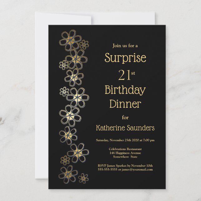 Black and Gold Surprise 21st Birthday Dinner Party Invitation (Front)
