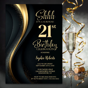 Black and Gold Surprise 21st Birthday Party Invitation