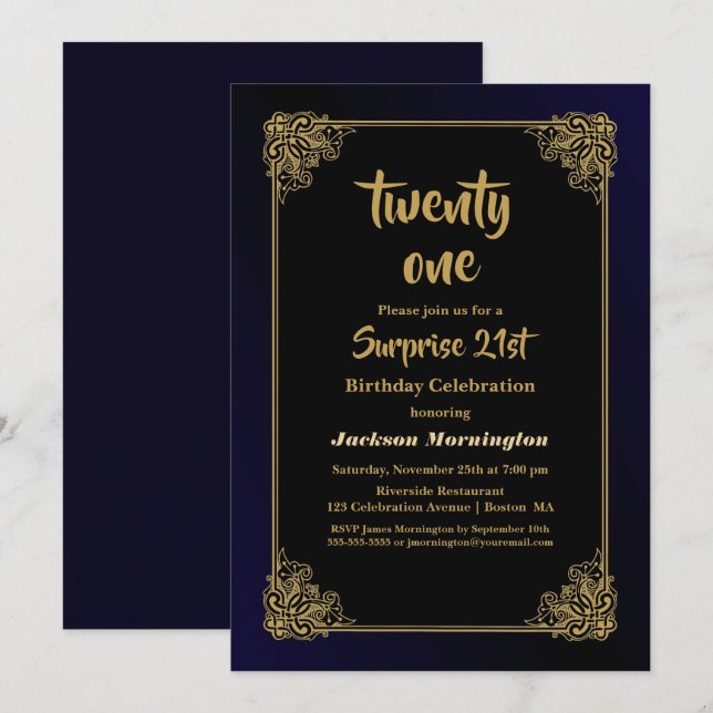 Black and Gold Surprise 21st Birthday Party Invitation (Front/Back)