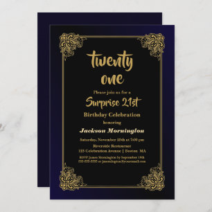 Black and Gold Surprise 21st Birthday Party Invitation