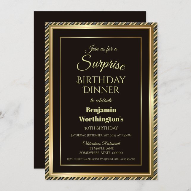 Black and Gold Surprise 30th Birthday Dinner Invitation (Front/Back)