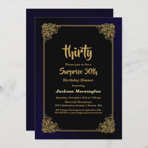 Black and Gold Surprise 30th Birthday Dinner Invitation