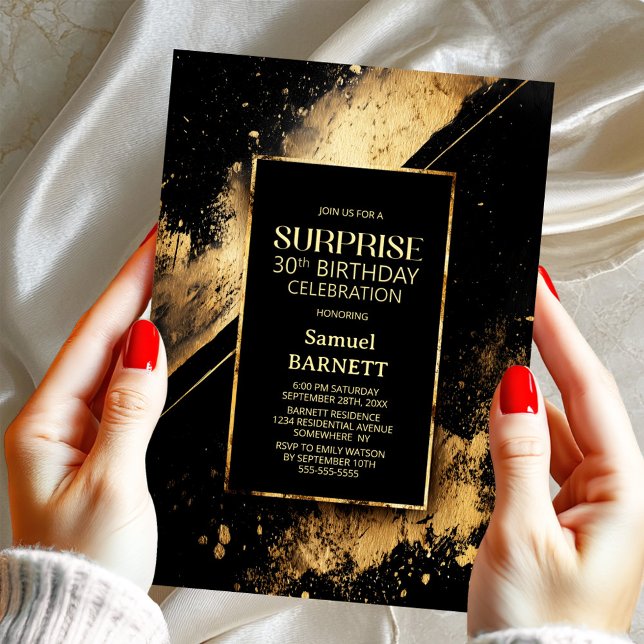 Black and Gold Surprise 30th Birthday Party Invitation (Creator Uploaded)