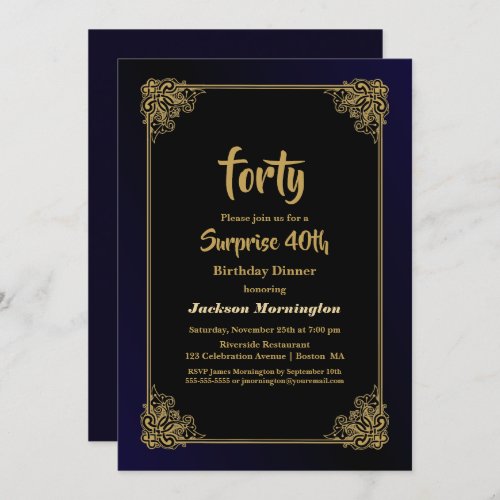 Black and Gold Surprise 40th Birthday Dinner Invitation