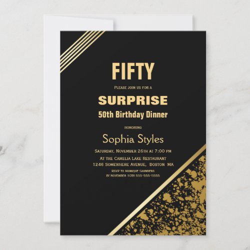 Black and Gold Surprise 50th Birthday Dinner Invitation