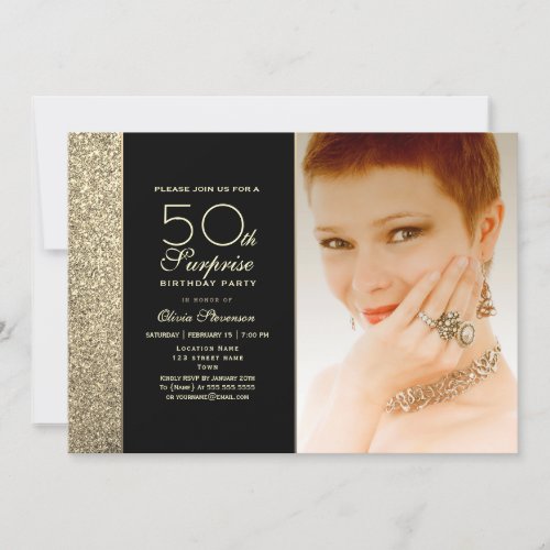 Black and Gold Surprise 50th Birthday Invitation