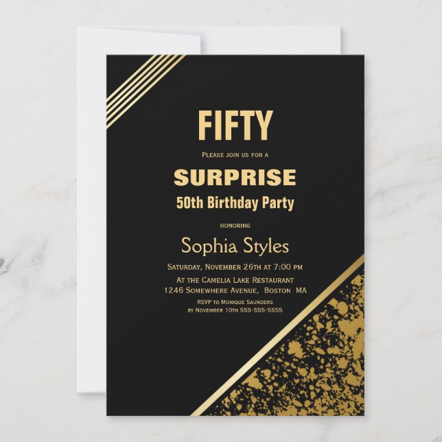 Black and Gold Surprise 50th Birthday Party Invitation (Front)