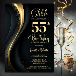 Black and Gold Surprise 55th Birthday Party Invitation