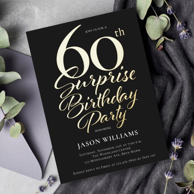 Black and Gold Surprise 60th Birthday Party Foil Invitation (Creator Uploaded)