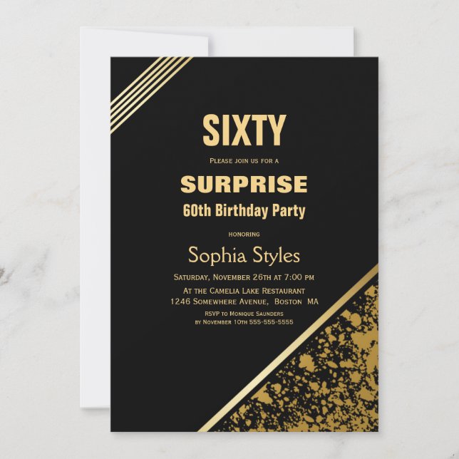 Black and Gold Surprise 60th Birthday Party Invitation (Front)