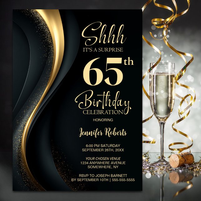Black and Gold Surprise 65th Birthday Party Invitation (Creator Uploaded)