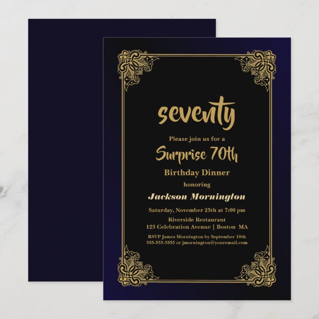 Black and Gold Surprise 70th Birthday Dinner Invitation (Front/Back)