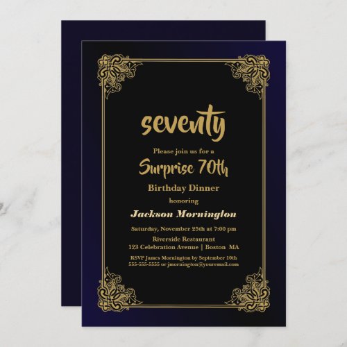 Black and Gold Surprise 70th Birthday Dinner Invitation