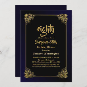 Black and Gold Surprise 80th Birthday Dinner Invitation