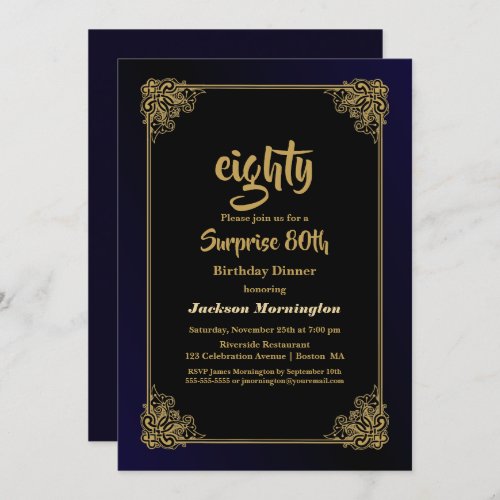 Black and Gold Surprise 80th Birthday Dinner Invitation