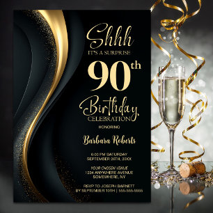 Black and Gold Surprise 90th Birthday Party Invitation