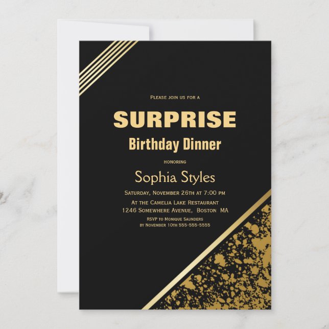 Black and Gold Surprise Birthday Dinner Invitation (Front)