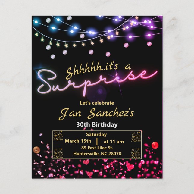 Black and gold surprise birthday invitation  flyer (Front)