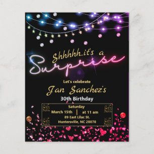 Black and gold surprise birthday invitation flyer