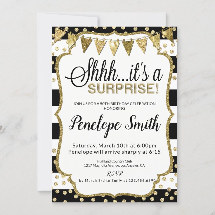 Black and Gold Surprise Birthday Party Invitations | Zazzle