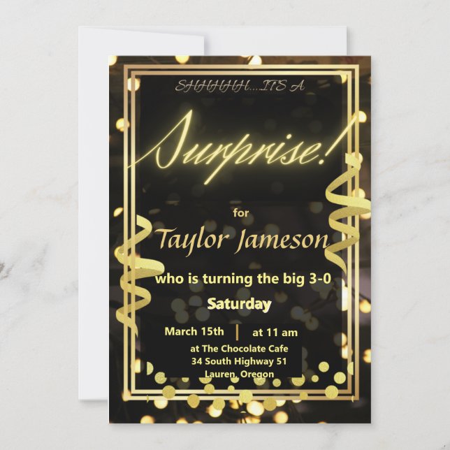 Black and gold surprise Invitation QR rsvp (Front)