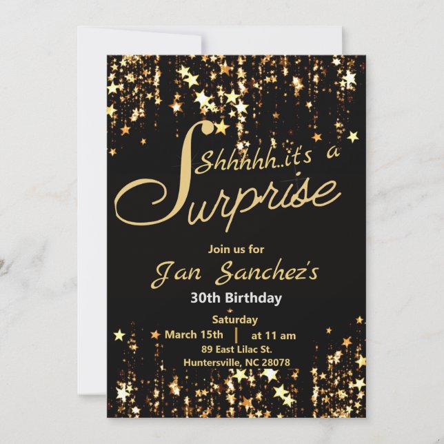 Black and gold surprise invitation with QR rsvp (Front)