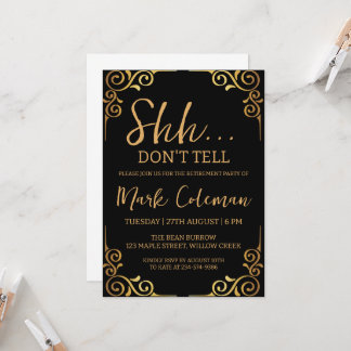 black and gold surprise retirement party invitation